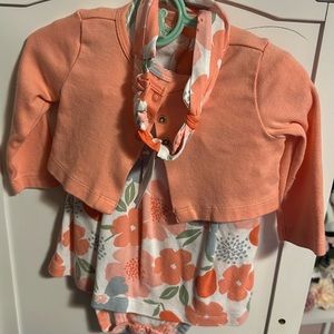 Baby girls dress, sweater, and headband pink flowers